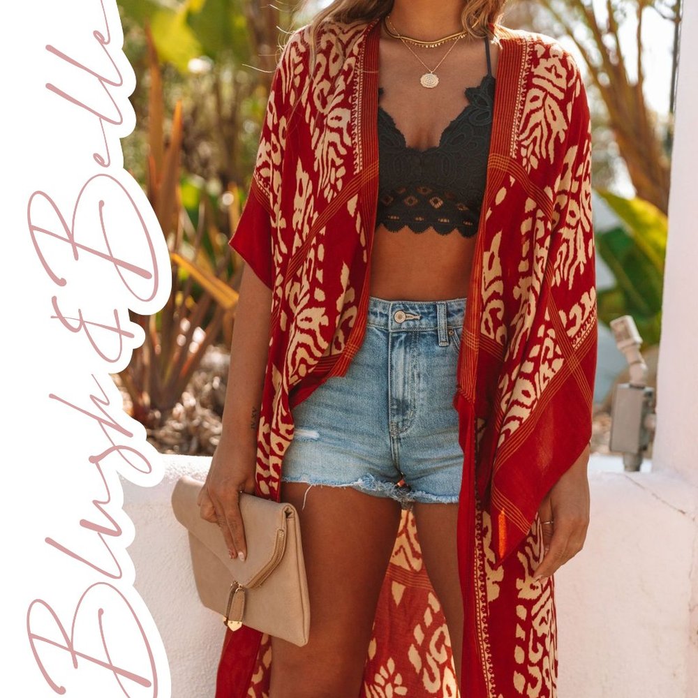 🚨 1 LEFT! VENITIA Rust Damask Boho Pom Pom Kimono - Picture 1 of 7
